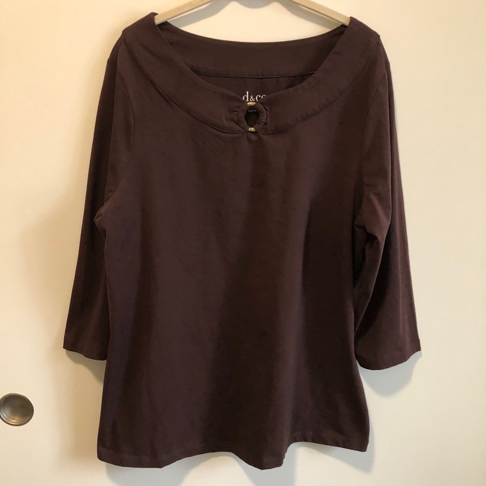 Denim & Co. Brown 3/4 Sleeve Knit Top with Hardware Neckline Detail Sz L